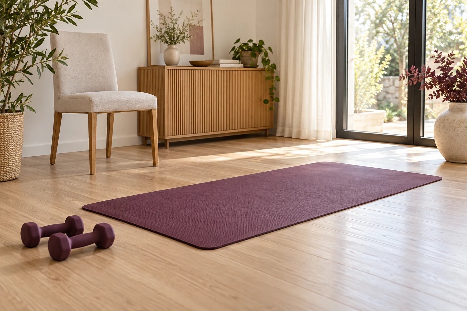 Espacio luminoso para entrenar en casa con esterilla, silla y pesas