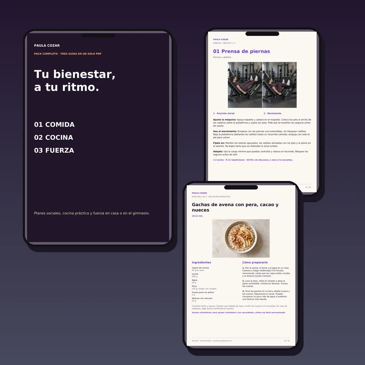 Vista del pack de Paula Cozar: portada y páginas de recetas y entrenamiento