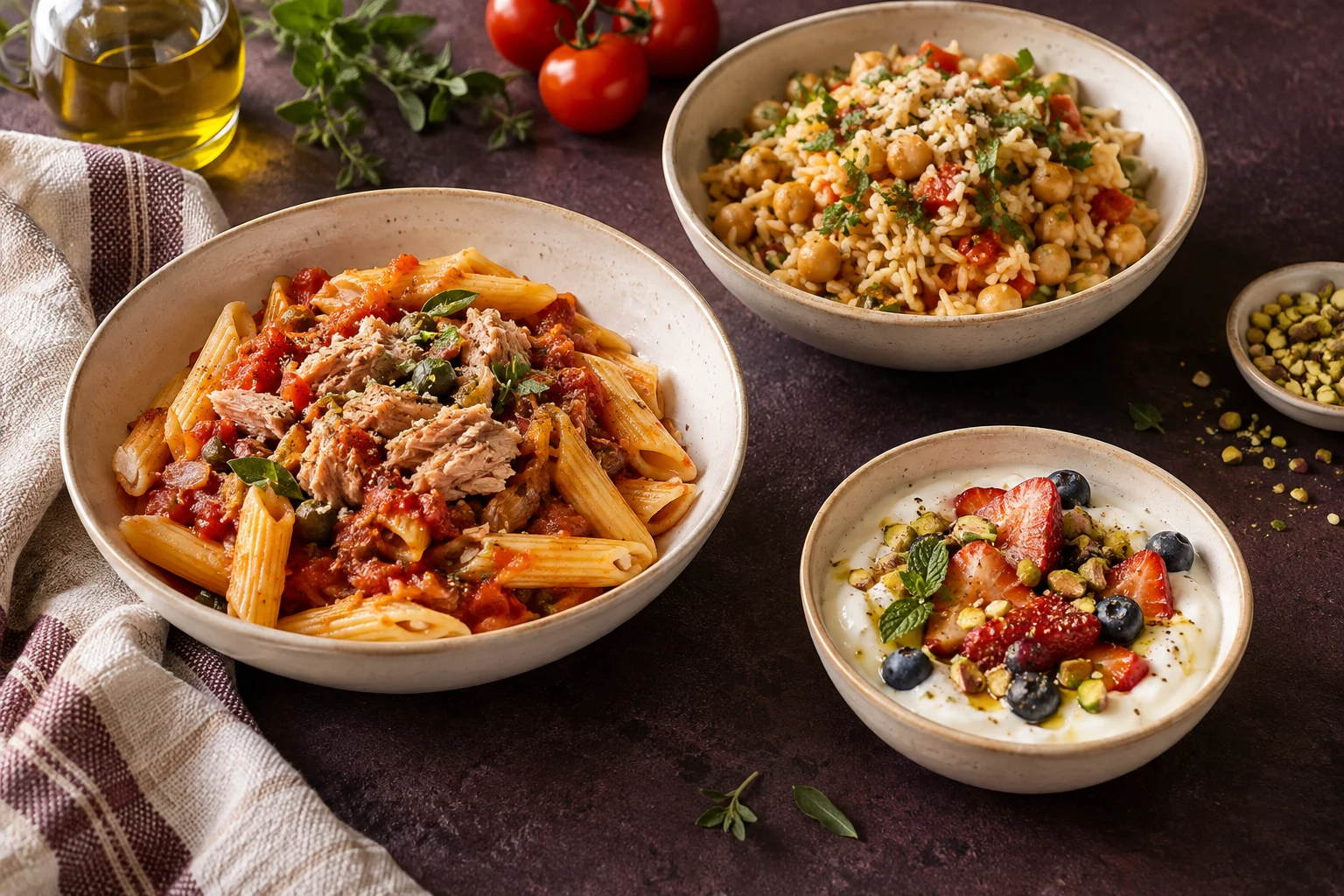 Pasta con tomate, arroz con garbanzos y un bol de yogur con fruta